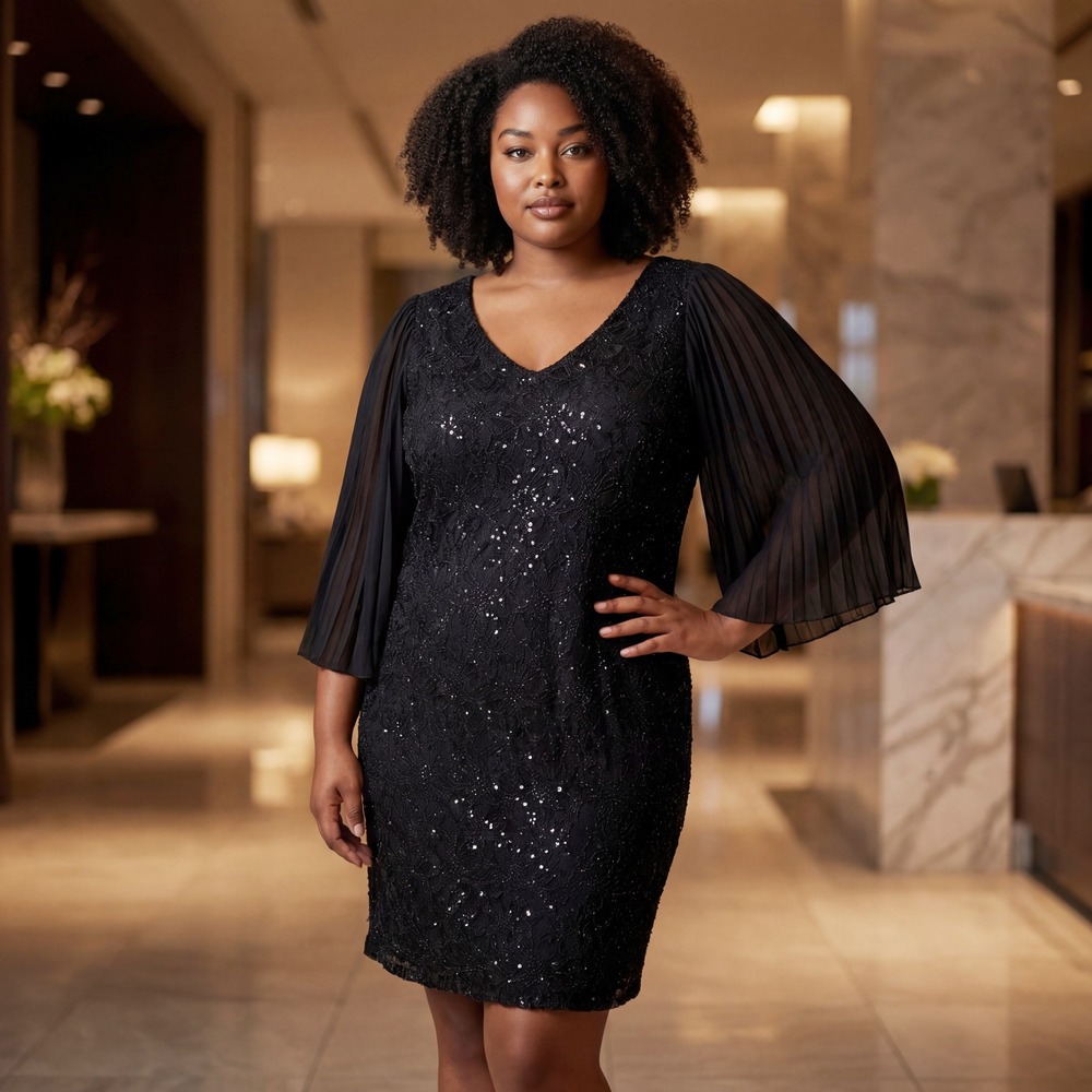 Onyx Nite Black Sequin Lace Shift Dress‎ Pleated Bell Sleeve 2X LBD XXL Formal